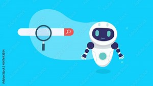 animation of white and blue robot is smiling next to a search bar on a light blue background. The search bar has a magnifying glass icon in red on the right side.