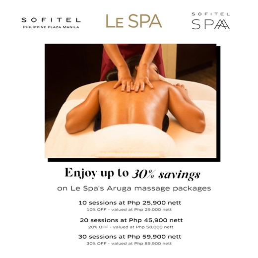 3K views · 35 reactions | Find your bliss and have a rejuvenating time at Sofitel Manila's Le Spa while you enjoy up to 30% savings. Inspired by the Filipino concept of "Aruga", meaning to "care for", the Aruga massage uses careful attention and pressure catered to your preference for total wellness that conditions the mind, body, and spirit. Avail of these special rates and book a well-deserved pamper time via bit.ly/WellnessAtSofitelManila. | Sofitel Philippine Plaza Manila | Facebook
