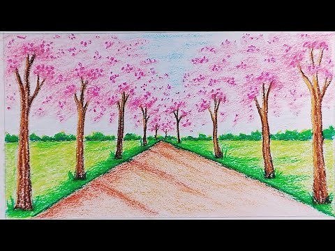 How to draw spring season scenery by oil pastel