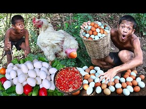 Primitive Technology - Meet Chicken & Cooking Egg Eating Delicious