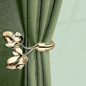 2pcs Gold Leaf Curtain Tiebacks - Gleaming Aluminum Botanical Holdbacks & Side Holders, Wall Mounted Pull Backs for Luxe Drapes