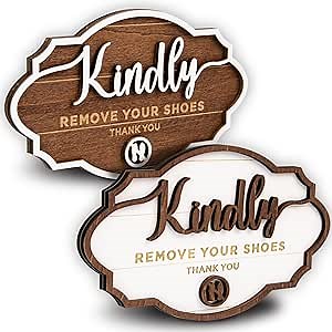 Woodamore Kindly Remove Your Shoes Sign - 2 Pack Please Take Your Shoes Off Signs For Front Door, No Shoes Sign Wooden Wall Hanging Signs For Home Office Decorations