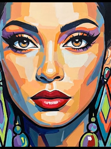 Animate the bold portrait into a short, looping sequence: the camera slowly pushes in toward the subject’s oversized, expressive eyes while the decorative background patterns subtly drift and morph like moving wallpaper. Her jewelry catches light in rhythmic sparkles, and the saturated colors pulse gently in time, as if the whole canvas is breathing. Add a smooth parallax effect between face, clothing, and background to create depth. The subject’s expression shifts almost imperceptibly from calm