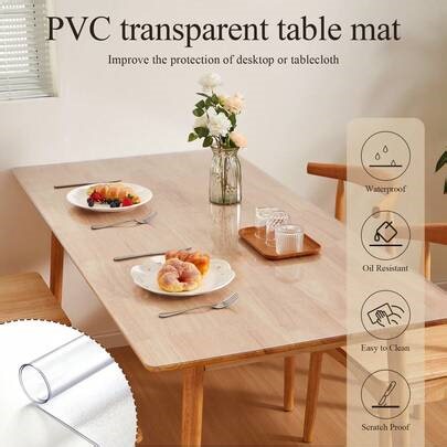 Clear PVC Tablecloth, 1.5mm Thick Waterproof Oil-Proof Scratch-Resistant Table Cover Protector, 60 X 36 Inch Round Edge Table Pad, Cut To Size For Dining Room Kitchen Coffee Table | SHEIN