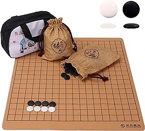 Portable Go Game Set Single Convex Fine Ceramic Stones with Faux Leather Reversible 19x19 / 13x13 Go Game Set Board and Carrying Storage Bag- Classic Strategy Board Game (Baduk/Weiqi)