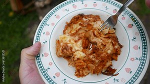 Person eating lasagna, POV, close-up shot. Outdoor lunch. A fork with lasagna. Person holding a plate of lasagna outdoors. Eating lasagna on a rainy day. Chicken lasagna to go. Person having lunch.