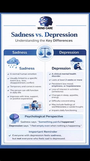 🌿 Sadness vs. Depression: Understanding the Difference 🌿 Feeling sad is a natural part of life, but persistent low mood, loss of interest, and difficulty functioning may signal depression. Knowing the difference is the first step toward mental wellness. 💙 Remember: Everyone with depression feels sadness, but not everyone who feels sad is depressed. #MindCare #MentalHealthAwareness #SadnessVsDepression #EmotionalWellness #PsychologyTips MentalHealthMatters SelfCare | G.S Mind Care