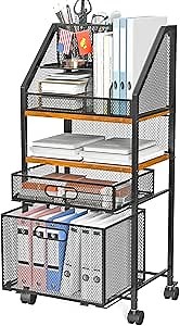 Rolling File Cart with 2 Storage Drawers Multipurpose Book Letter Organizer Carts with Lockable Wheels Wood&Mesh Rolling File Organizer Space-Saving Cart for Office Supplies