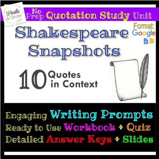 Shakespeare Snapshots:10 Analyzed Quotes with Writing Prompts, Quiz, Slides more