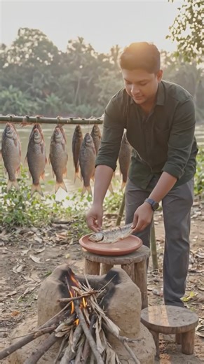 Primitive Fire Fried Dried Fish | Outdoor Survival Cooking by River
