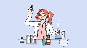 Download Happy girl working with tubes laboratory. Female scientist do experiments in lab. Science and chemistry concept. Motion illustration. for free