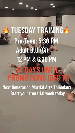 🔥 Tuesday Training at NGMA Thibodaux! 🔥 Focus. Discipline. Progress. Every class is a chance to refine your technique and move one step closer to your goals. Promotions are coming up soon — just 52 days away on December 19! 💪 📅 Today’s Schedule (Oct 28): Pre-Teen: 5:30 PM Adult BJJ (Gi): 12:00 PM & 6:30 PM Let’s keep showing up for ourselves and our teammates — putting in the work that adds up over time. 👊 | Next Generation Martial Arts
