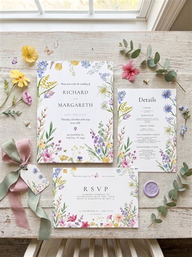 Wildflower Wedding Invitation Suit, Colorful Floral Wedding Invite, Spring Garden Wedding Set, RSVP & Details Cards, Editable Canva Template - Etsy