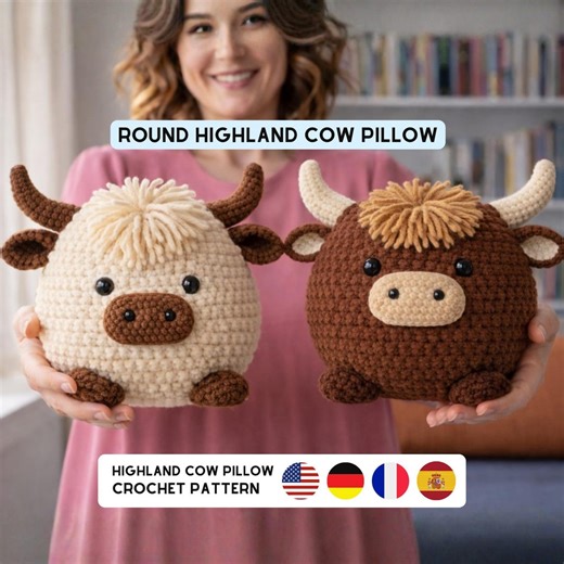 Highland Cow Pillow Crochet Pattern (round) PDF | Amigurumi Cushion Design | Easy Plush Home Decor DIY - Etsy