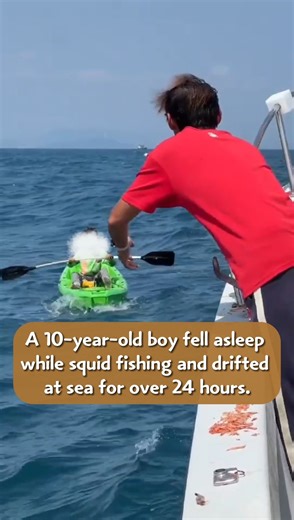 Hainan Touch on Instagram: "A 10-year-old boy from Lingshui Qiling Village, Hainan, fell asleep while squid fishing and drifted over 30km from his starting point—ending up in Sanya waters after 24 hours adrift! Miraculously, he was spotted by a fishing boat on the 22nd, clinging to a tiny green dinghy, sunburnt and dehydrated. After wolfing down bread and milk, he shared his incredible story in broken sentences."