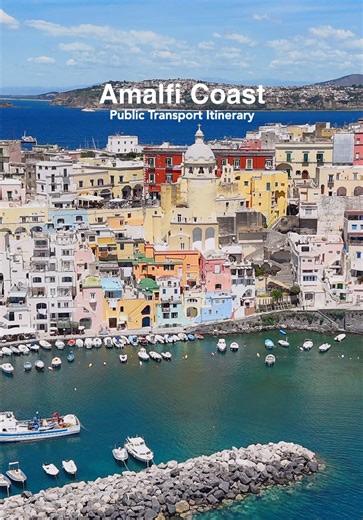 📌 Save Amalfi Coast by public transport (starting from Naples) 🛳️ Naples → Procida (perfect day trip) It takes around 30 min–1 hour • High-speed hydrofoil from Molo Beverello (30–40 min) • Regular ferry from Calata Porta di Massa (~1 hr, cheaper & carries vehicles) • outbound €15.5–inbound €16.4 (fast ferry) 📍 Beaches: Chiaiolella, Ciraccio, Pozzo Vecchio (Il Postino), Lingua 📍 Spots: Marina di Corricella, Terra Murata, Belvedere Elsa Morante, Corricella Harbor, local churches 🚆 Naples → So