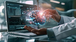 Doctor working with laptop computer on table use hologram to show medical data from patient brain using virtual reality technology for lab work and precision medicine. Ai Footage.