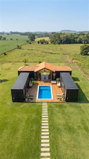 Container House Adequate on Instagram: "The Inner Court Haven: A Custom Container Sanctuary 🏡📦 This contemporary container home turns modular design into a calm, resort inspired escape. Built around a central courtyard, the layout creates privacy, balance, and a seamless flow between indoor and outdoor living. Strong symmetry, clean lines, and intentional openness define the architecture. Project Overview • Base Structure 4 × custom shipping containers Configured in a refined courtyard formati