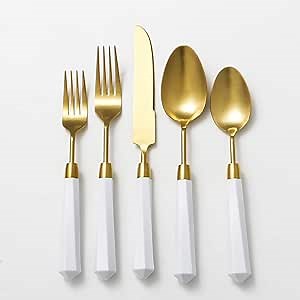 Thomaso 60 Piece Gold Plated Flatware Set With Acrylic Handle,1810 Stainless Steel Silverware Set, White Acrylic Handle Cutlery Set for 12, Dishwasher Safe