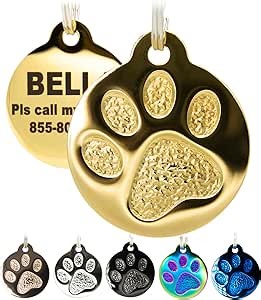 Engraved Pet Tag for Dogs and Cats - Personalized Front & Back up to 4 Lines of Text Custom Engraved ID, Round Paw Print Solid Plating Stainless Steel Gold Small