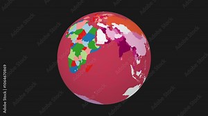 Rotating planet. Tilted sphere view. Moderate speed planet rotation. Colored countries style. World map with sparse graticule lines on dark background. Cool animation.