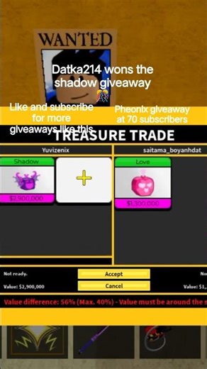 shadow giveaway is done.now turn of pheonix giveaway at 70 subscribers like and subscribe #roblox