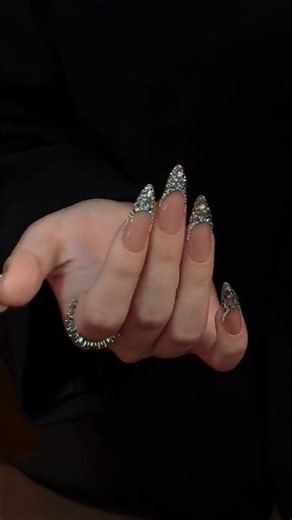 “Luxury Nude Crystal Nails 💎 | Glitter Stiletto Nail Art | Bridal & Party Nails”