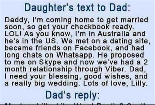 Daughter’s text to Dad – Funny......See the continuation in the first comment 👇👇 | Daily Funny Vibes