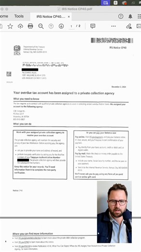 Received an IRS CP40 notice? 📄 Here's what it means! Learn about private collection agencies, taxpayer rights, and how to handle your tax debt. #IRS #IRSNotice #CP40 #IRSNoticeCP40 #NoticeCP40 | Logan Allec, CPA