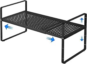Expandable Cabinet Shelf Organizers, Kitchen Small Stand Rack Organization for Countertop Cupborad Pantry, Black 1 Pack