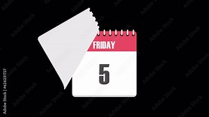 7 day calendar with flipping weekday pages, peel off pages on transparent background with alpha channel.