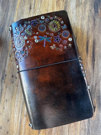 Handmade Leather Traveler's Notebook – Tooled Bees, Dragonfly, Flowers, and Crystals Trifold Standard Size - Etsy