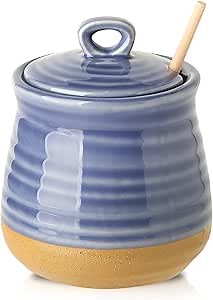 Hasense Honey Jar with Dipper, Ceramic Honey Dispenser Pot with Lid and Wooden Dipper, Vintage 12 oz Containers for Home Kitchen Coffee Bar Decor, Dishwasher Safe, Sky Blue