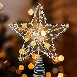 Retisee Christmas Tree Topper Holder Set Including 10 x 12 Inches Lighted Christmas Tree Star Topper with 10 LED Lights and Plastic Stabilizer Stand for Treetop Ornament