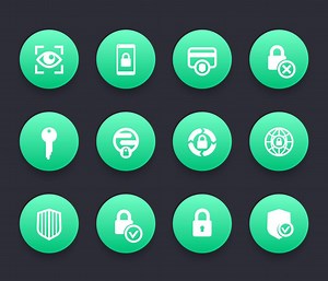 Security icons, secure transaction, online safety, protection service, firewall, lock, shield