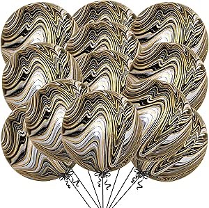 KatchOn, Black and Gold Marble Balloons - Big 22 Inch, Pack of 12 | 4D Marble Black and Gold Balloons for Birthday Party Decorations | Agate Balloons for Retirement, Dance Party Decorations