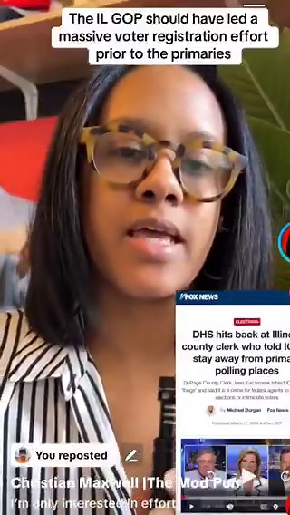 🚨 Meet Christian Maxwell, she won her primary in (IL-01) with (65%) of the voteShe ran on cleaning up the voter rolls and getting the Save America Act passedAnti- establishment and represents a seismic shift of blacks joining the (R) partyLet's give her a big MAGA welcomeDo you firmly agree that Christian Maxwell is a real patriot?A. Huge YesB. No