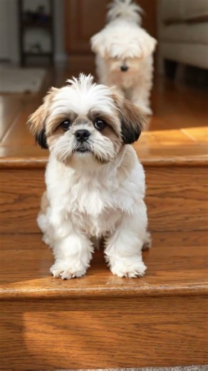 Xishi Dog sat on the wooden steps with a calm expression