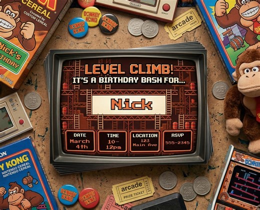 Retro Donkey Kong Birthday Invitation, Editable Canva Template, Arcade Gamer Party (digital Download) - Etsy