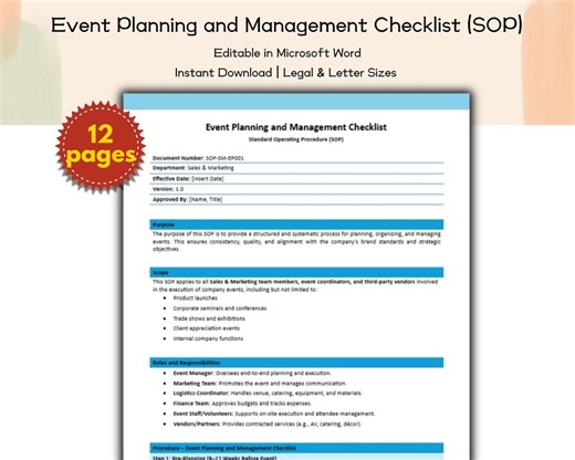 Event Planning and Management Checklist SOP Editable and Printable Template, Sales and Marketing Standard Operating Procedure, Business Team - Etsy