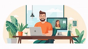 Man in Video Conference with Computer in Workplace | Premium AI-generated vector