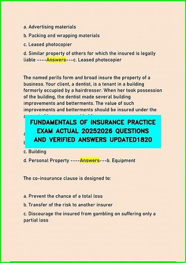 FUNDAMENTALS OF INSURANCE PRACTICE EXAM ACTUAL 20252026 QUESTIONS AND VERIFIED ANSWERS UPDATED1820 v