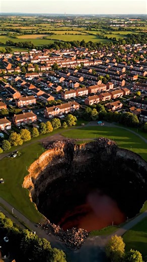 Cardiff suburbs, massive sinkhole in the middle of streets and parks, deep and dark with jagged edges, faint red-orange glow at the bottom like buried magma, morning sunlight hitting the tops of houses and trees, steam rising gently from the edges, quiet and eerie atmosphere, view from above showing the scale of the hole and surrounding neighborhood #earthimpacts #fblifestyle #ukmysteries #sinkhole #cardiff #aiart #urbanview This content isn’t real — it’s a simulated ‘what if’ scenario created b