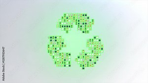 The recycling symbol consists of many small particles and is combined into a single unit. Green recycling and ecology icon. Recyclable materials and ecology. Motion graphic animation.