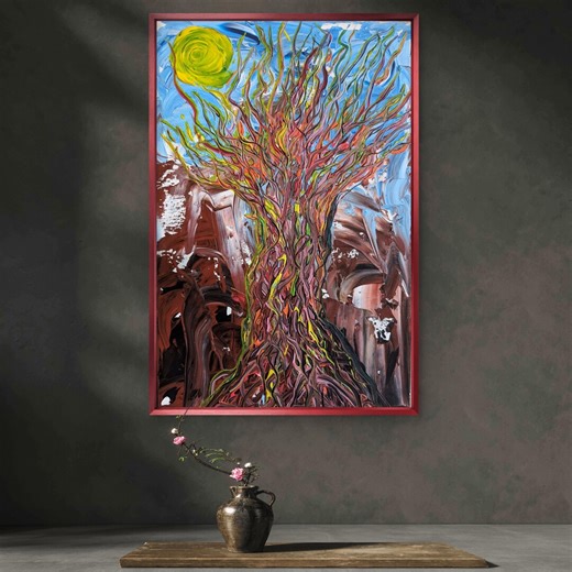 Original Abstract Tree Painting on Canvas, Acrylic Wall Art, Symbolic Nature Artwork, Colorful Vertical Painting - Etsy