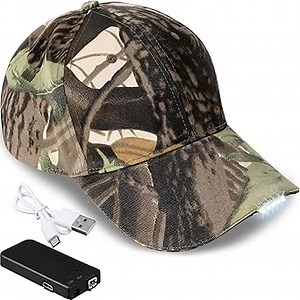 Coume Baseball Cap with Light Rechargeable LED Hat with USB Cable and Battery, Full Cotton Adjustable Headlamp Hat for Fishing Jogging Camping Hand Work(Camouflage)