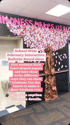Create a school-wide kindness tree!💕🌳 To help create this school-wide board, every teacher in our school had their students write about different ways they could show kindness, using sentence frames that we (the school leadership team) provided to them. The students wrote their sentence on hearts. We used the hearts to create this giant kindness tree display at the front of our school.😍 Some teachers did this daily with their students and others did it weekly. Every time a class was finished 