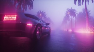 Car Riding At Foggy Road With Landscape Synthwave Background Loop