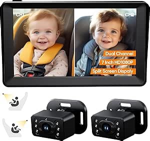 Baby Car Camera for 2 Kids - 7 Inch HD1080P Split Screen Baby Monitor with Dual Backseat Camera 150° Wide View & 360° Rotatable, Night Vision Easy Install, Rear-Facing Baby Car Mirror