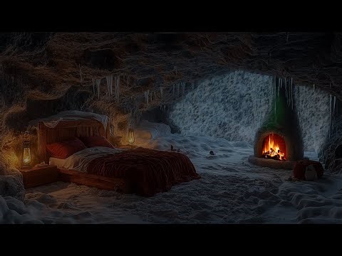 Howling Blizzard & Fireplace Sounds in a Cave | Relaxing Fireplace and Blizzard in a Cozy Cave